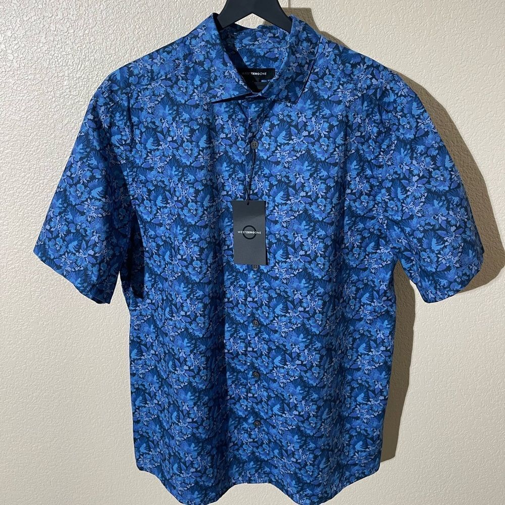 WestZeroOne Men's Blue Floral Casual Button Down Shirt